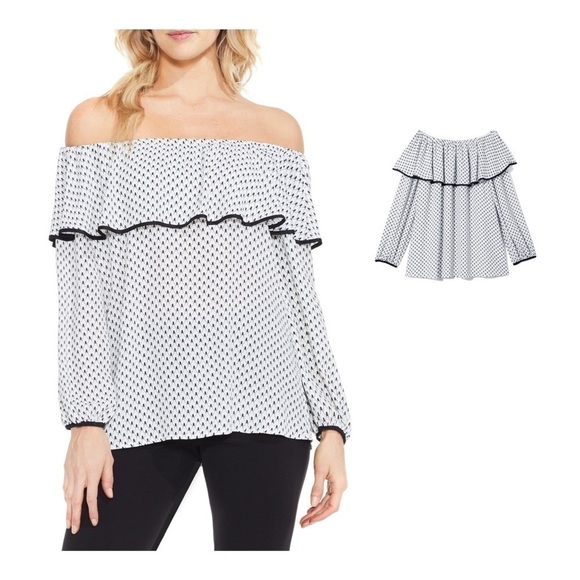 VINCE CAMUTO Droplet Geo Ruffled Off Shoulder Top - Picture 1 of 7